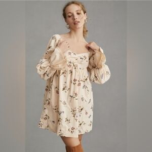 Anthropologie Long-Sleeve Embroidered Floral Mini Cream Dress In XS